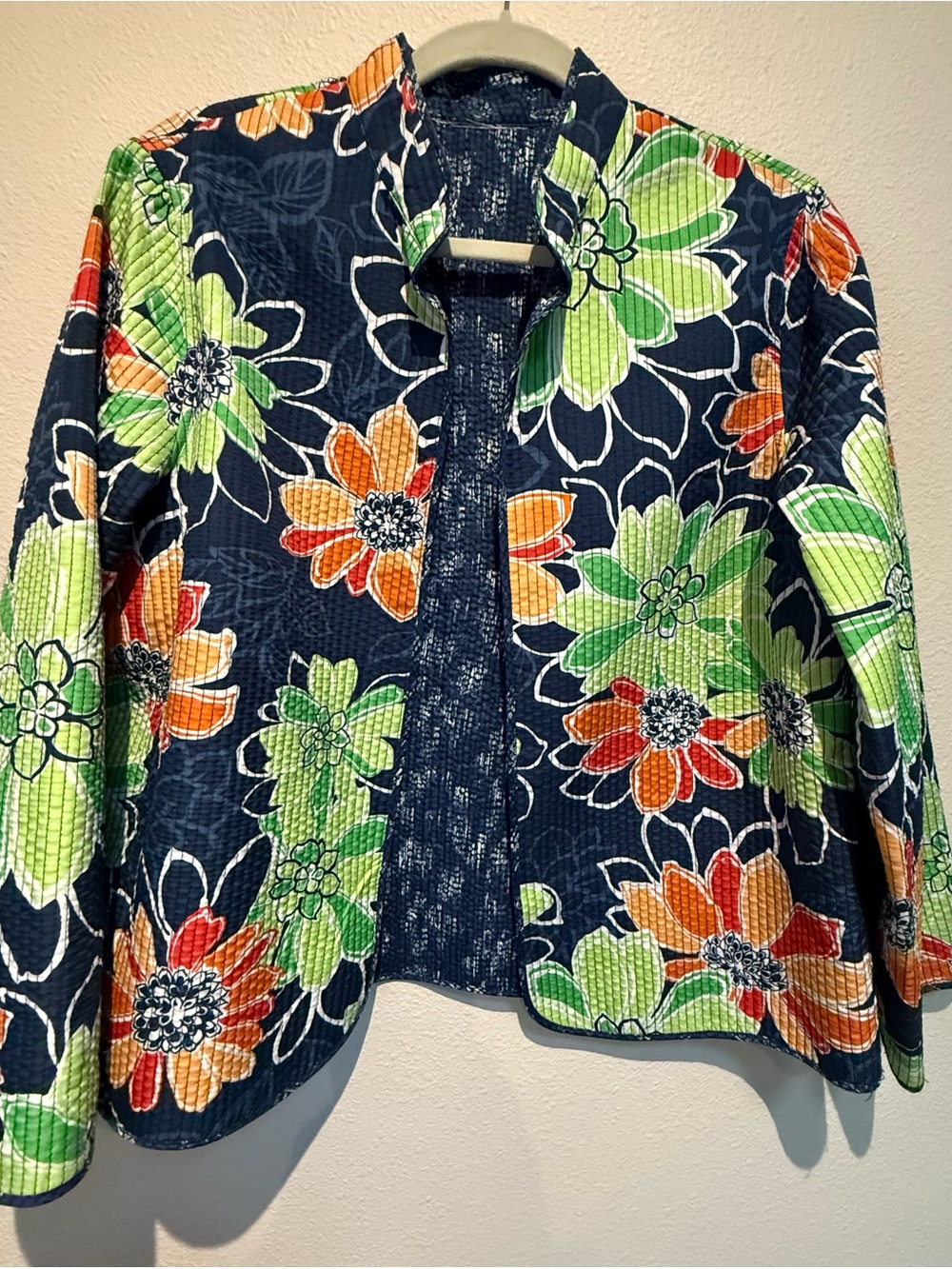Floral Reversal Quilted Floral Navy Jacket,Coastal Grandma Festive Art to Wear